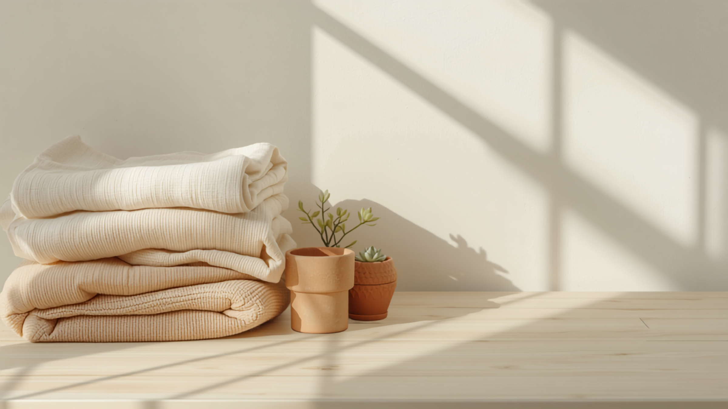 Flat-lay of folded clothing and everyday essentials in warm neutral tones