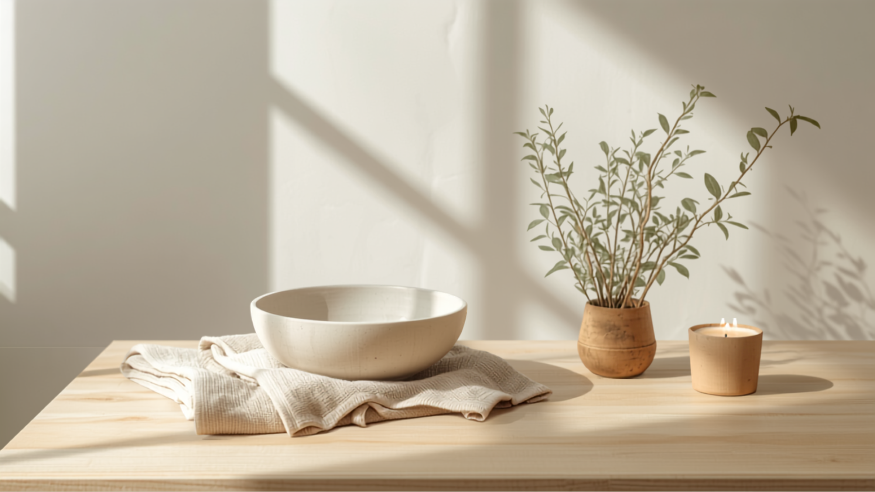 Folded linen and everyday home essentials on a wooden table in soft light