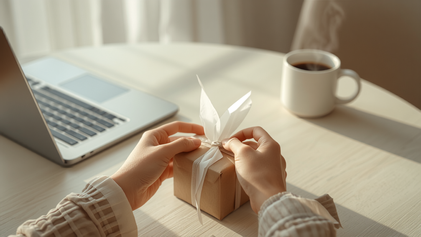 Hands wrapping a small parcel on a wooden table, smart online shopping