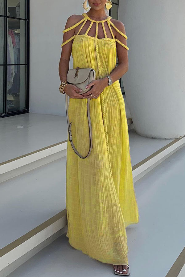 Modernes und elegantes Maxikleid mit drapierten Zopfdetails aus Leinenmischung
