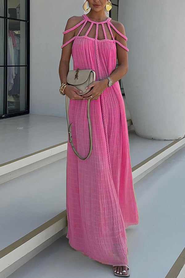 Modernes und elegantes Maxikleid mit drapierten Zopfdetails aus Leinenmischung