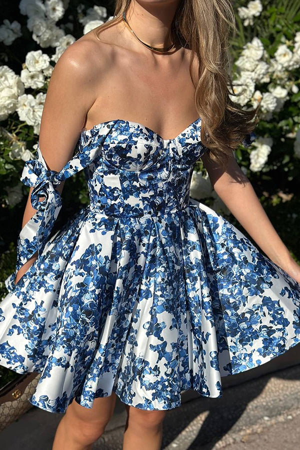 Garten Eden Floral Print Schleifen-Träger Prinzessin Schlag-Mini-Kleid