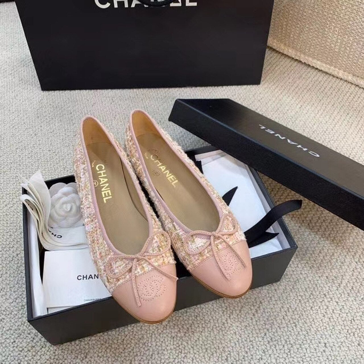 Anum Bags CHL LIGHT PINK BALLERINA FLATS TWEED AND GROSGRAIN