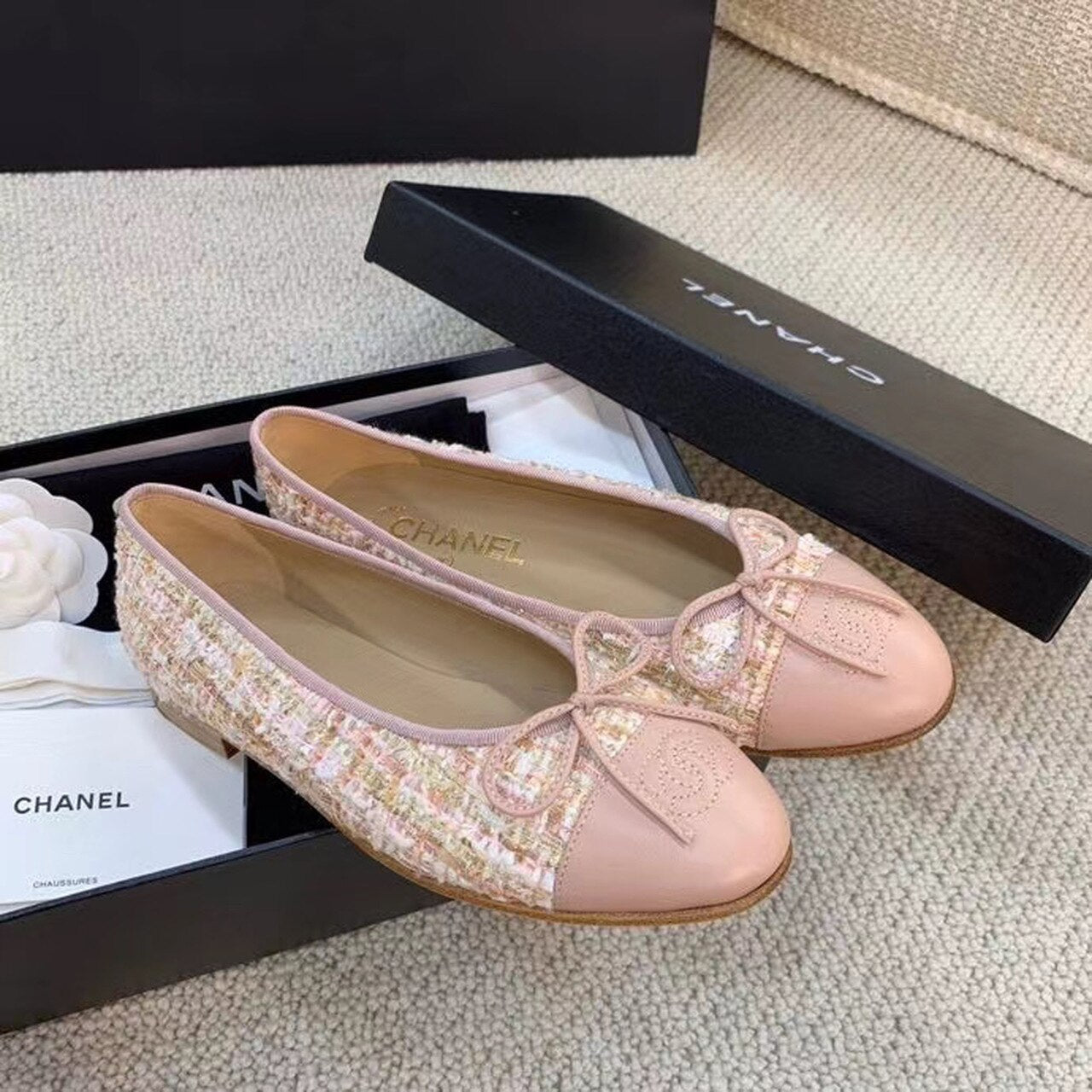 Anum Bags CHL LIGHT PINK BALLERINA FLATS TWEED AND GROSGRAIN
