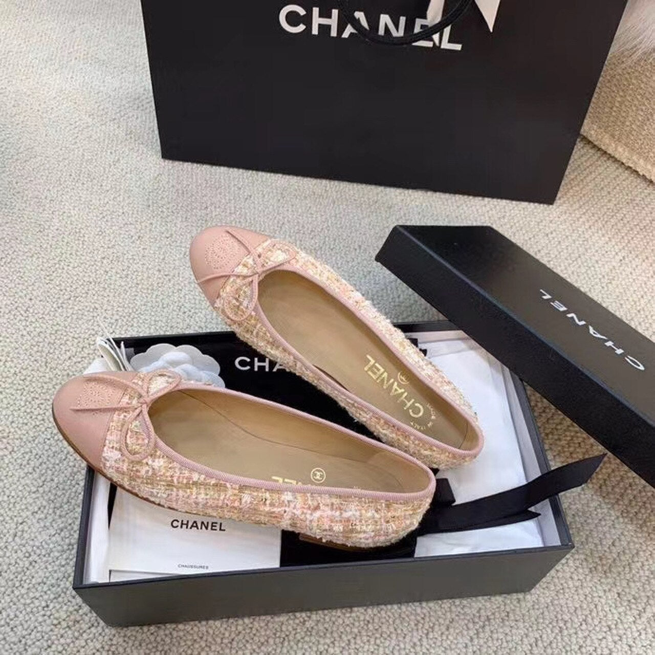 Anum Bags CHL LIGHT PINK BALLERINA FLATS TWEED AND GROSGRAIN