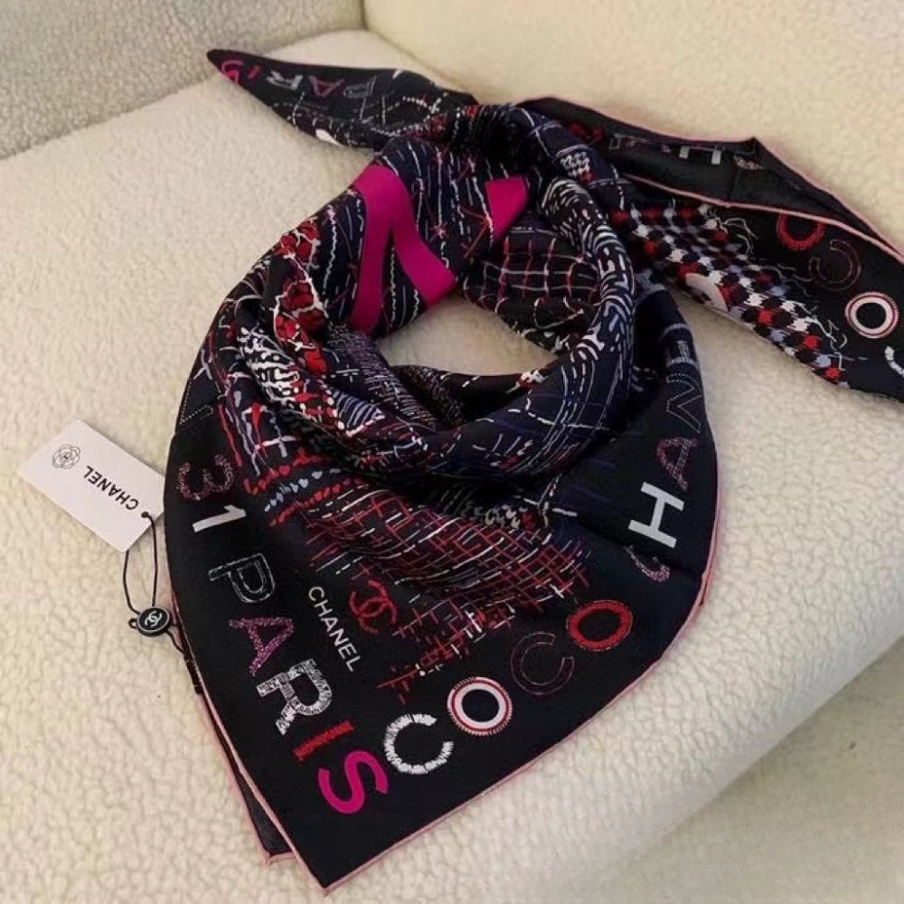 Anum Bags CHL SQUARE SCARF SILK TWILL MULTICOLOR IN BLACK 90CM AA8619 B09320 NK638