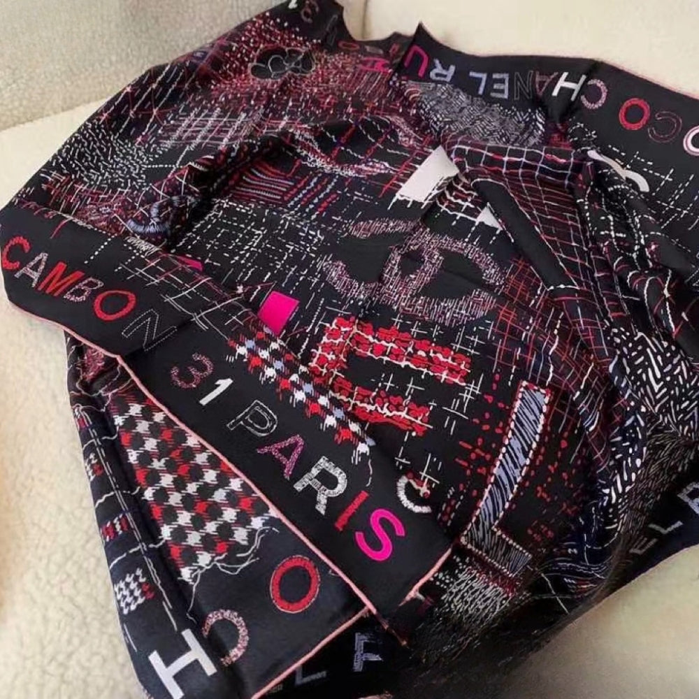 Anum Bags CHL SQUARE SCARF SILK TWILL MULTICOLOR IN BLACK 90CM AA8619 B09320 NK638