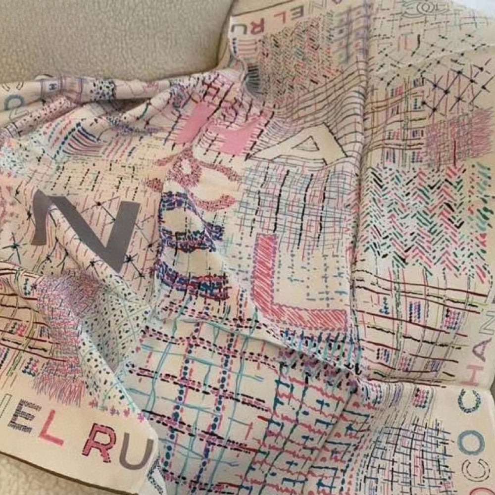 Anum Bags CHL SQUARE SCARF SILK TWILL MULTICOLOR IN ECRU 90CM AA8619 B09320 NK635