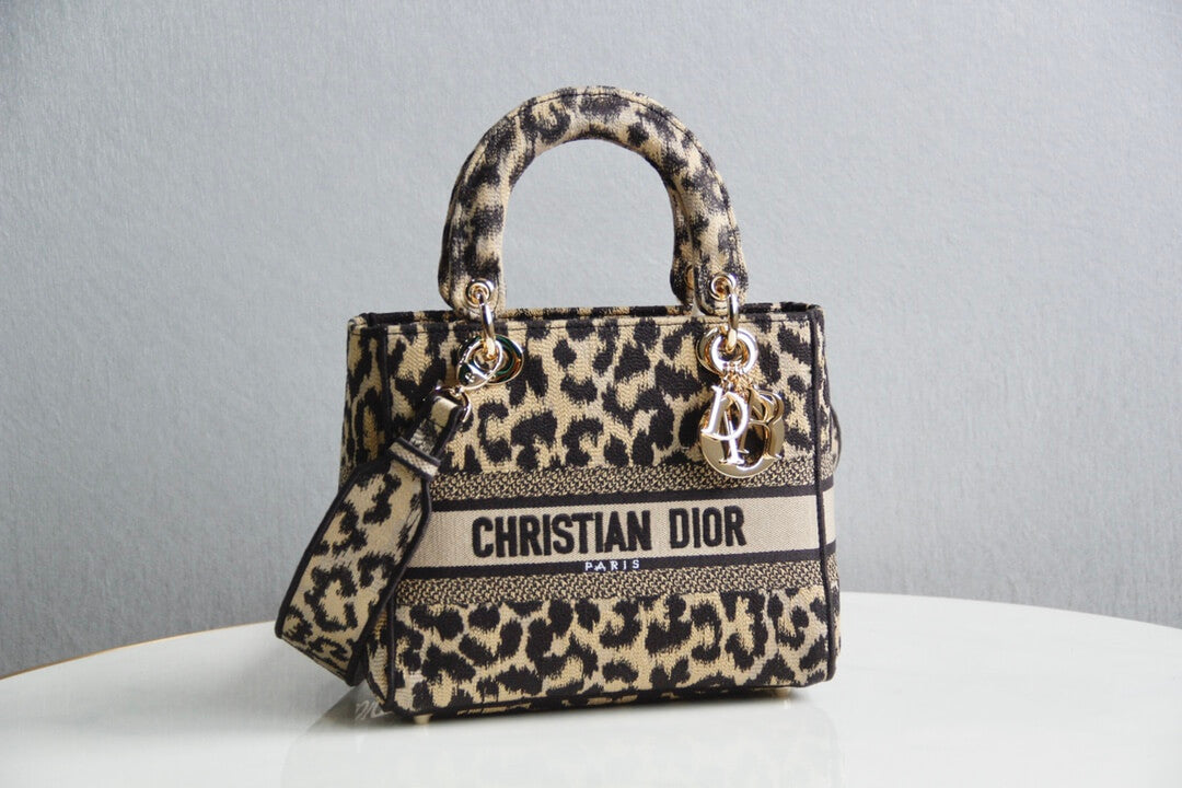Ezyycart Bags DIR 44532 Lady D-Lite Handbag shoulder bag cross body bags mini 17cm 24cm Leopard Print light yellow