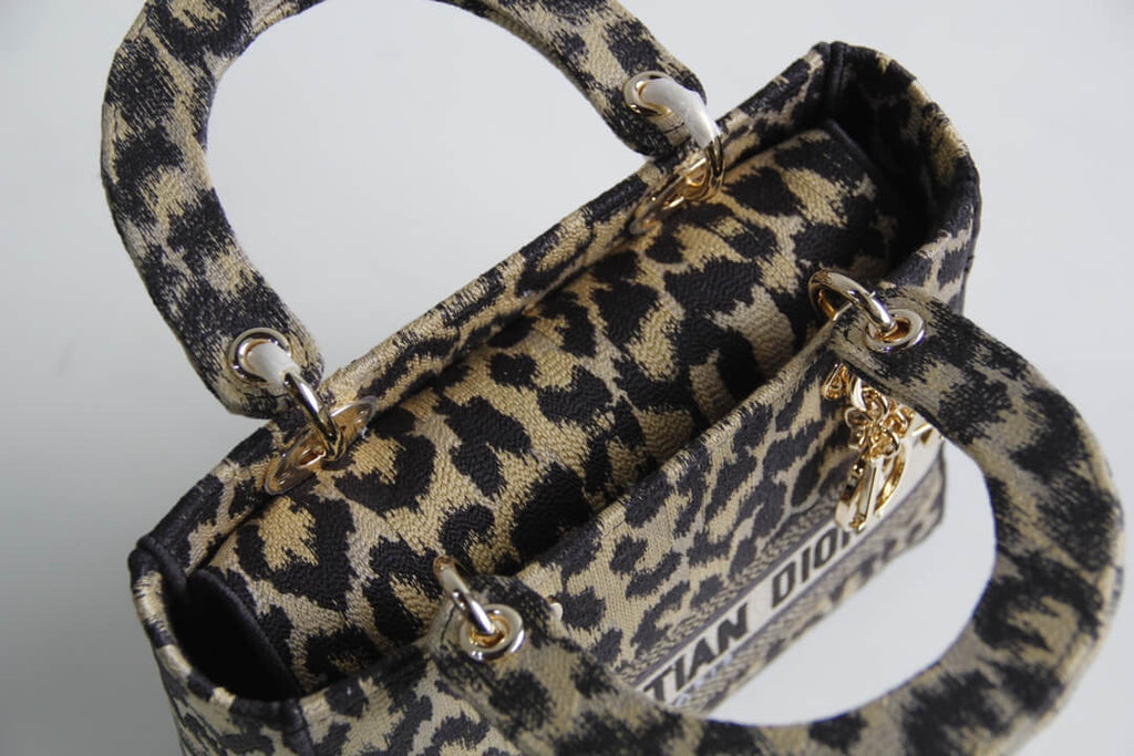 Ezyycart Bags DIR 44532 Lady D-Lite Handbag shoulder bag cross body bags mini 17cm 24cm Leopard Print light yellow