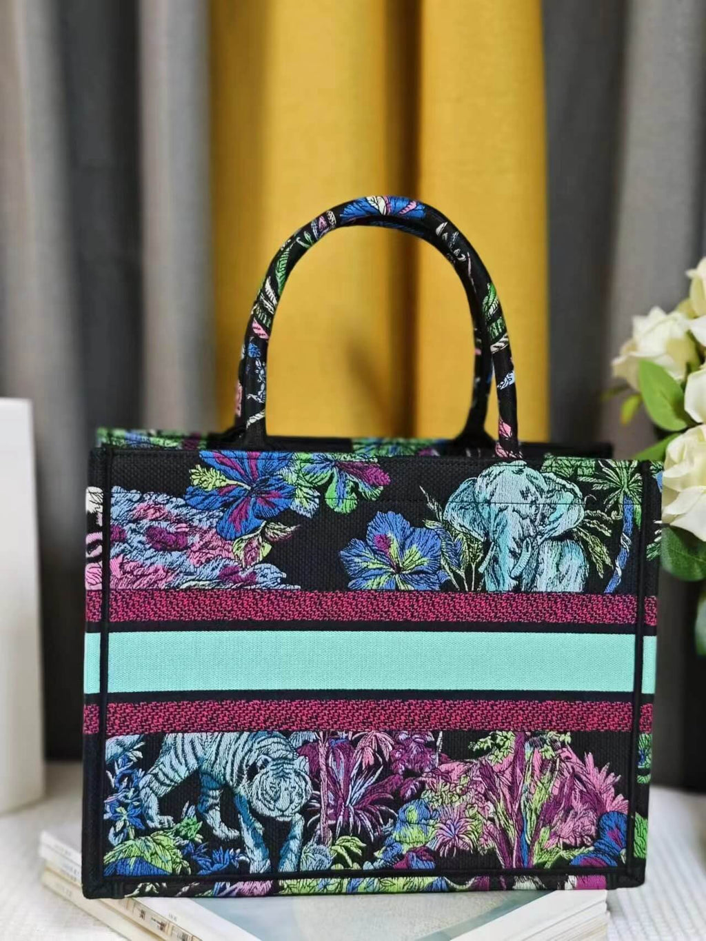 Ezyycart Bags DIR Book Tote Blue Multicolor Toile de Jouy Voyage Embroidery 1286