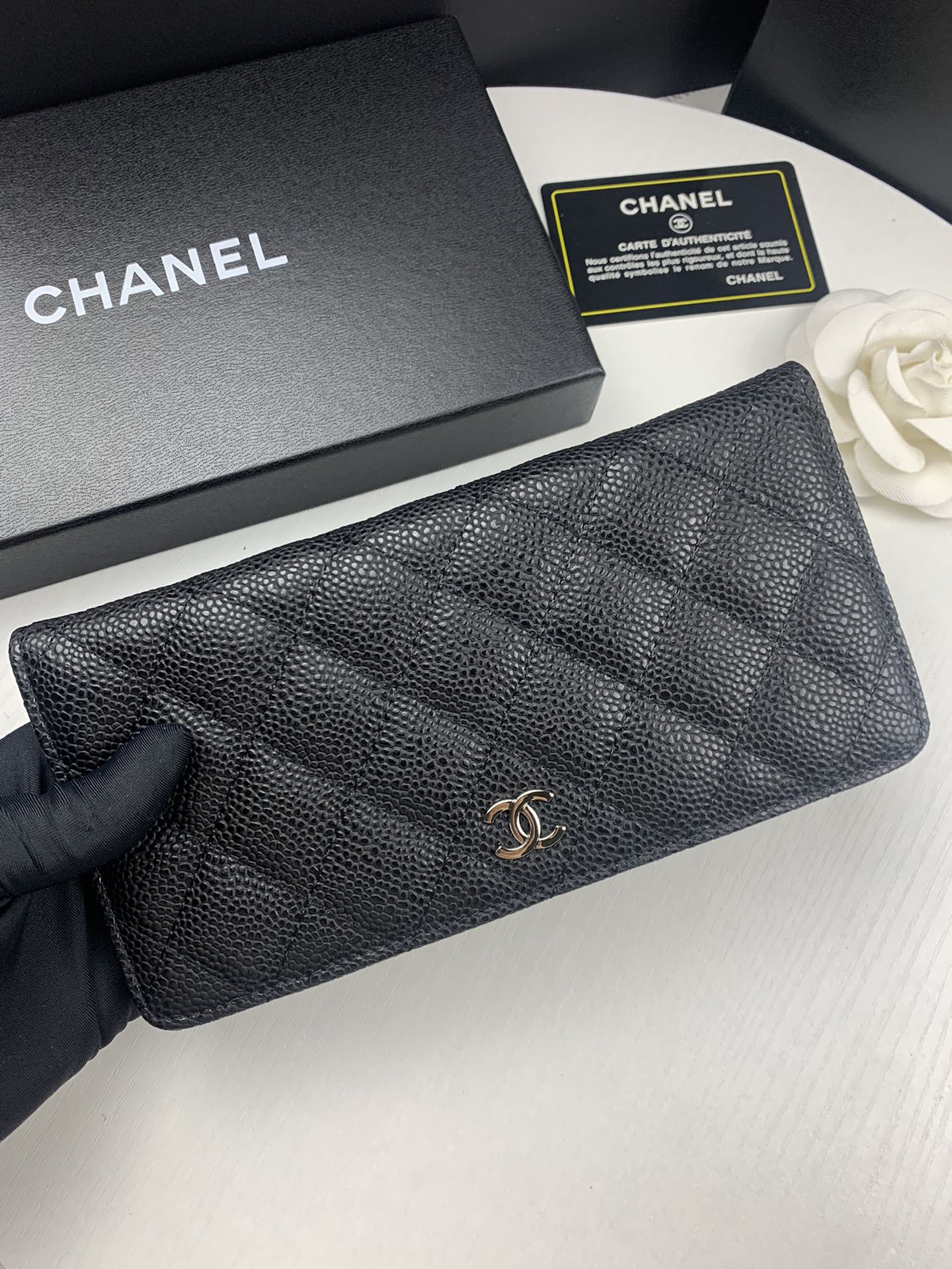 Anum Bags CHL BLACK CAVIAR LEATHER CLASSIC LONG FLAP WALLET 19.5CM