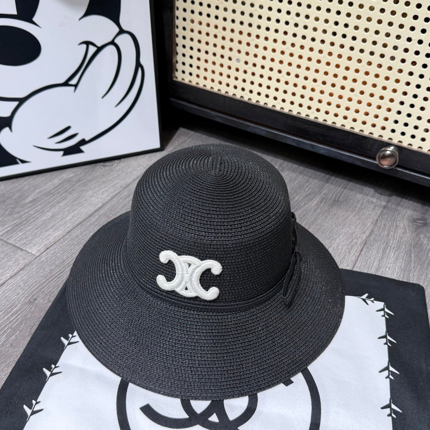 Ezyycart Bags CL TRIOMPHE RAFFIA BUCKET HAT WITH BOW BLACK