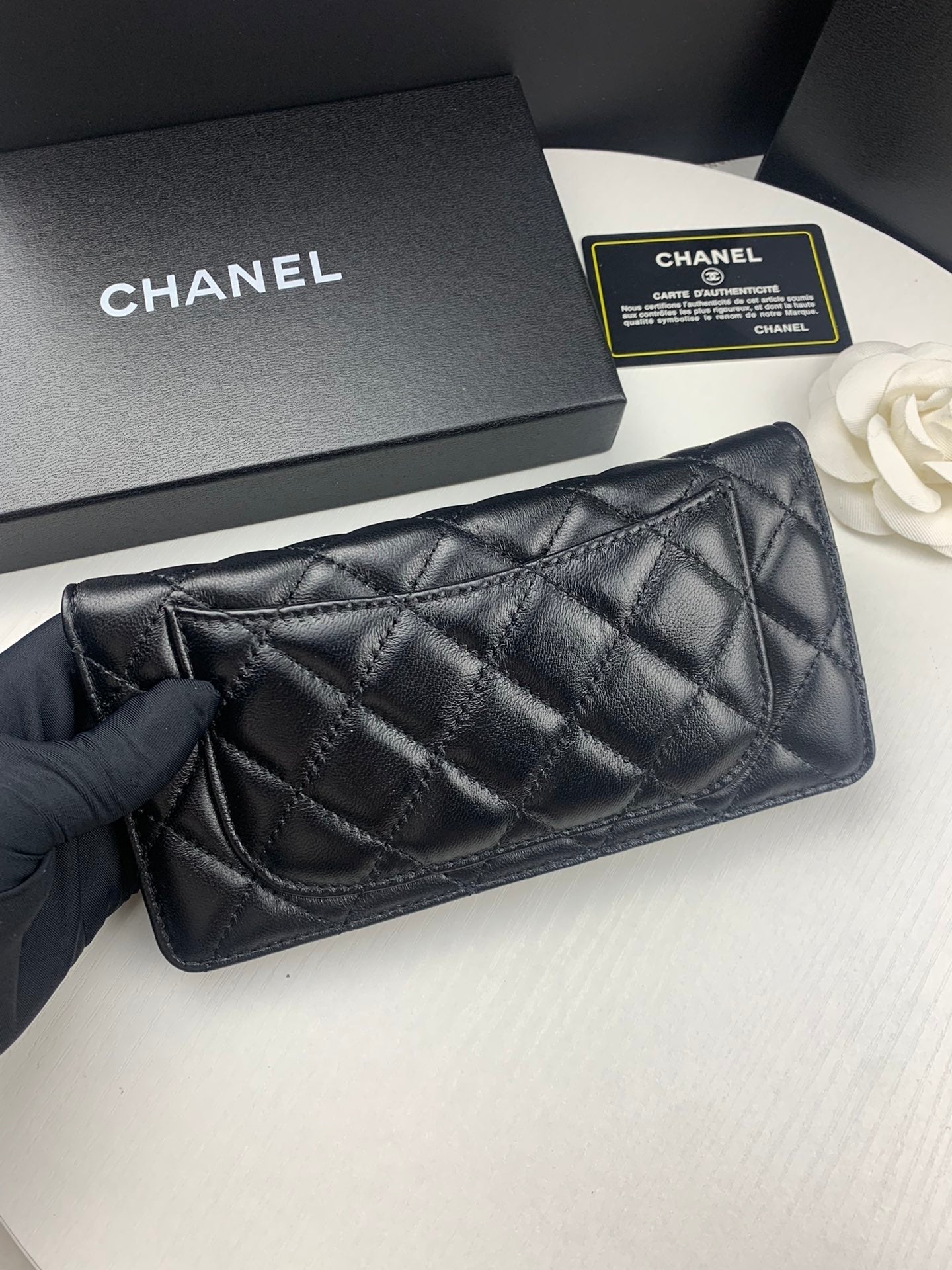Anum Bags CHL BLACK QUILTED LAMBSKIN CLASSIC LONG FLAP WITH SILVER HARDWARE WALLET 19.5CM