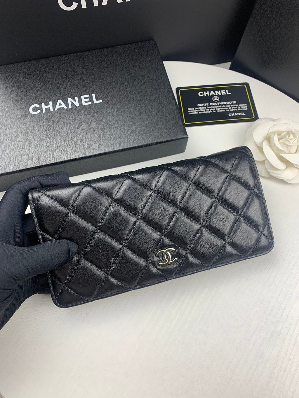 Anum Bags CHL BLACK QUILTED LAMBSKIN CLASSIC LONG FLAP WITH SILVER HARDWARE WALLET 19.5CM