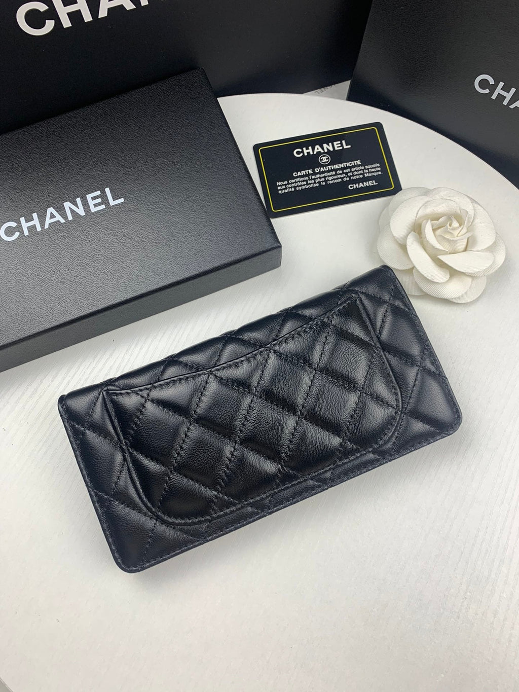 Anum Bags CHL BLACK QUILTED LAMBSKIN CLASSIC LONG FLAP WITH SILVER HARDWARE WALLET 19.5CM