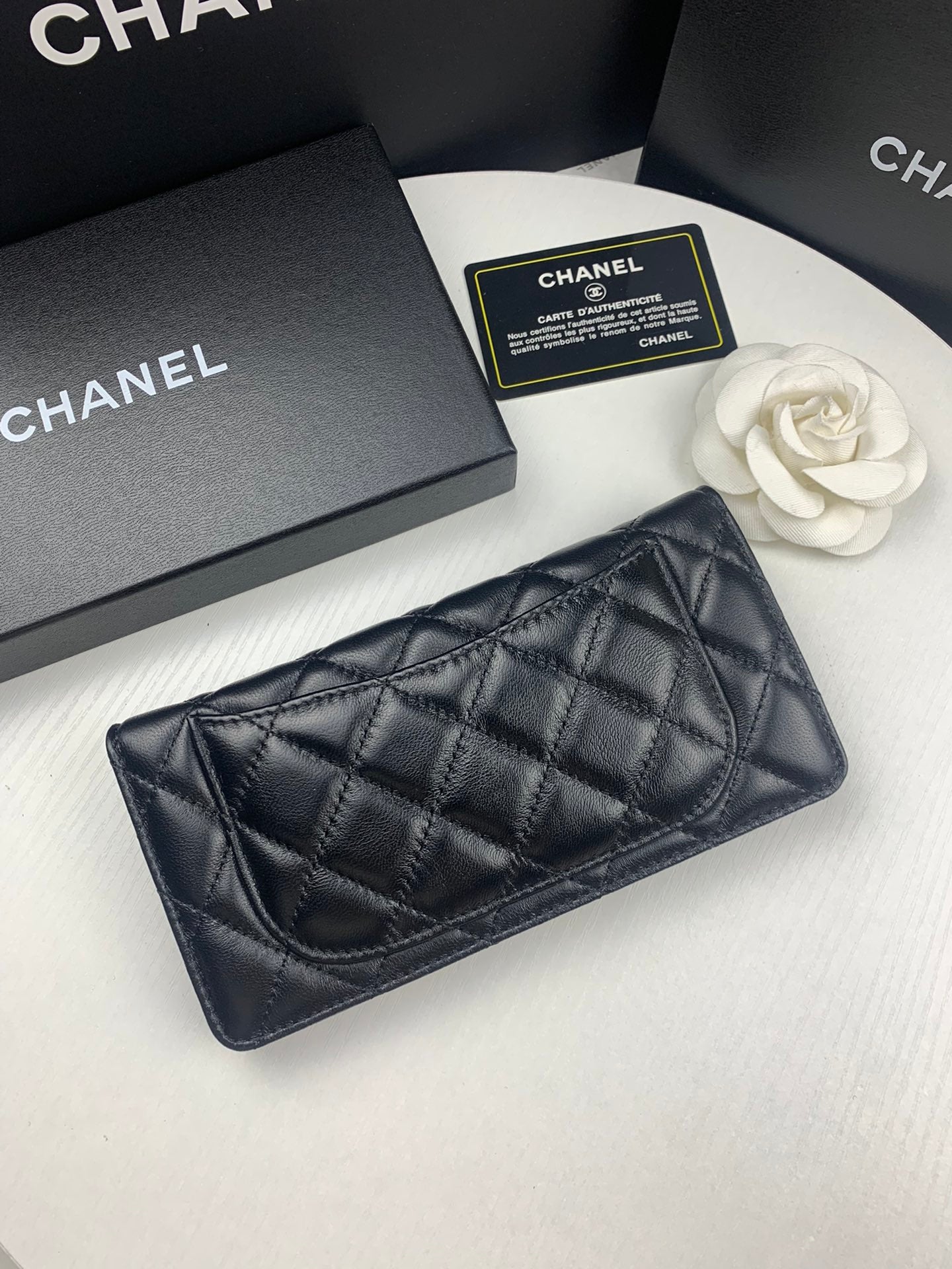 Anum Bags CHL BLACK QUILTED LAMBSKIN CLASSIC LONG FLAP WITH SILVER HARDWARE WALLET 19.5CM