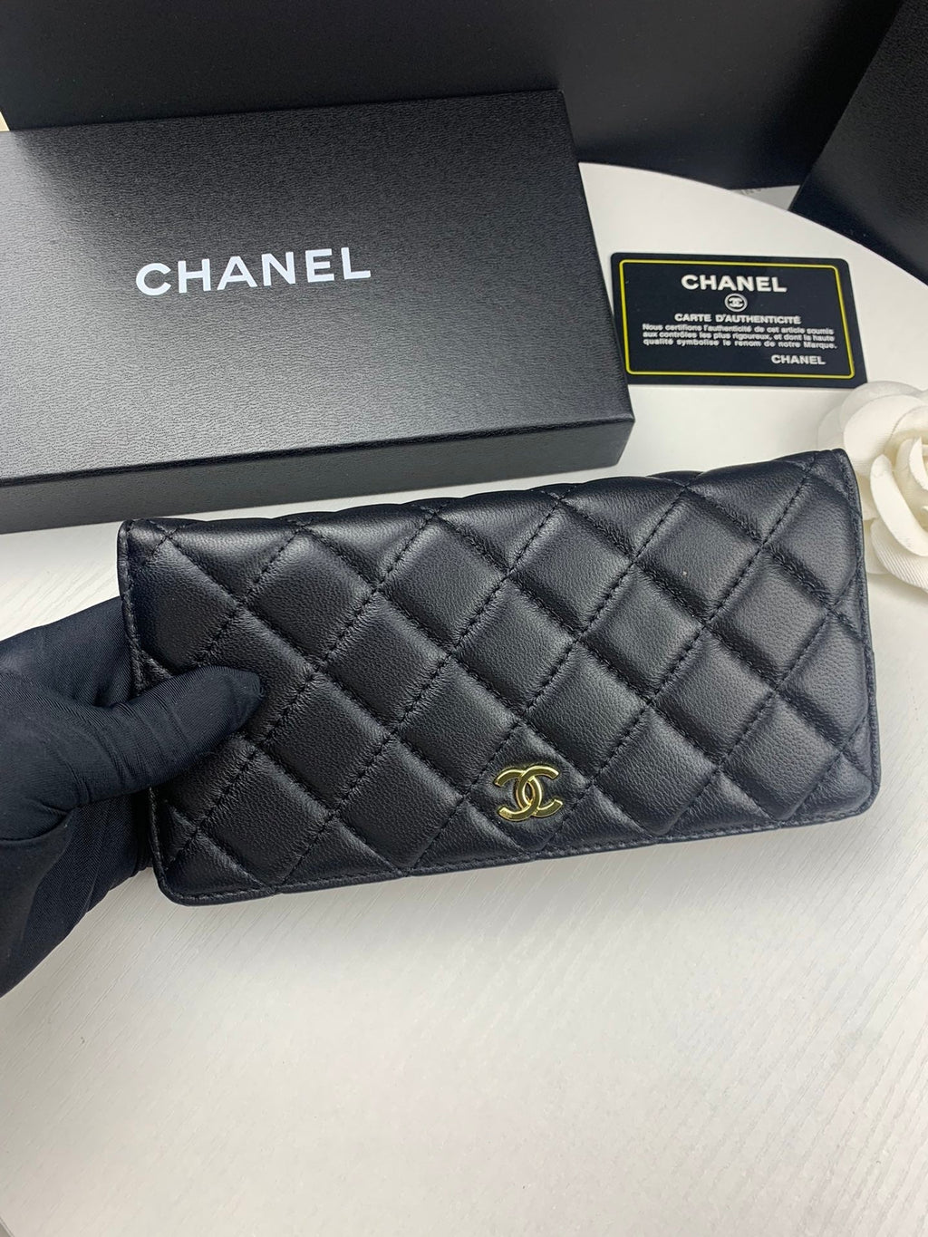 Anum Bags CHL BLACK QUILTED LAMBSKIN CLASSIC LONG FLAP WALLET 19.5CM