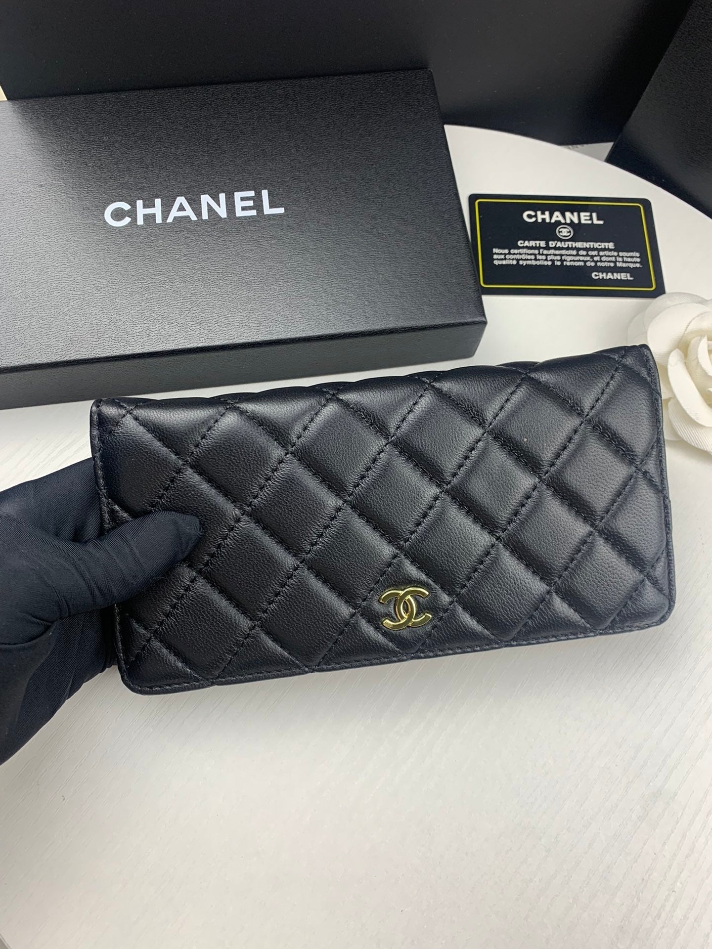 Anum Bags CHL BLACK QUILTED LAMBSKIN CLASSIC LONG FLAP WALLET 19.5CM