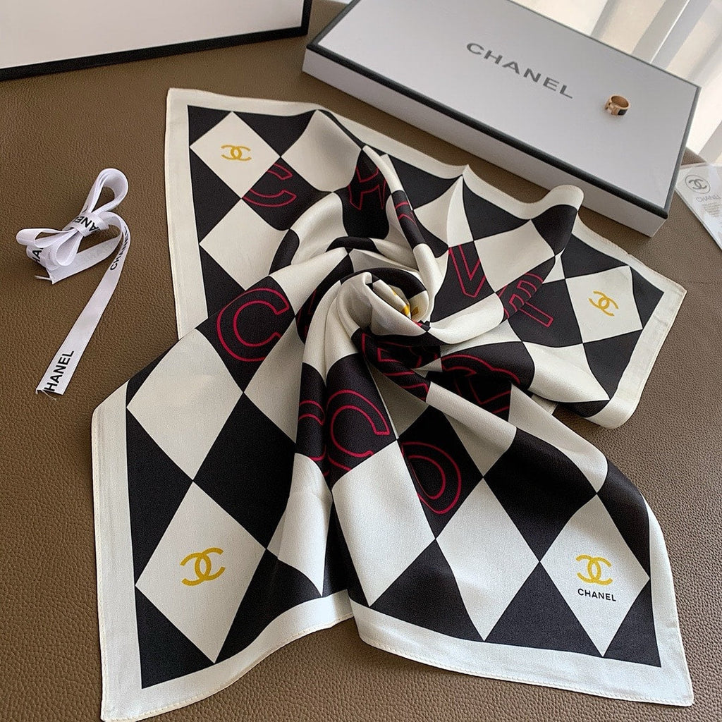 Anum Bags CHL COCO CARO SILK SCARF IN WHITE AND BLACK 70CM