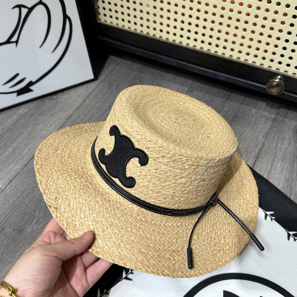 Ezyycart Bags CL FLAT CROWN RAFFIA HAT EMBLEM IN BLACK