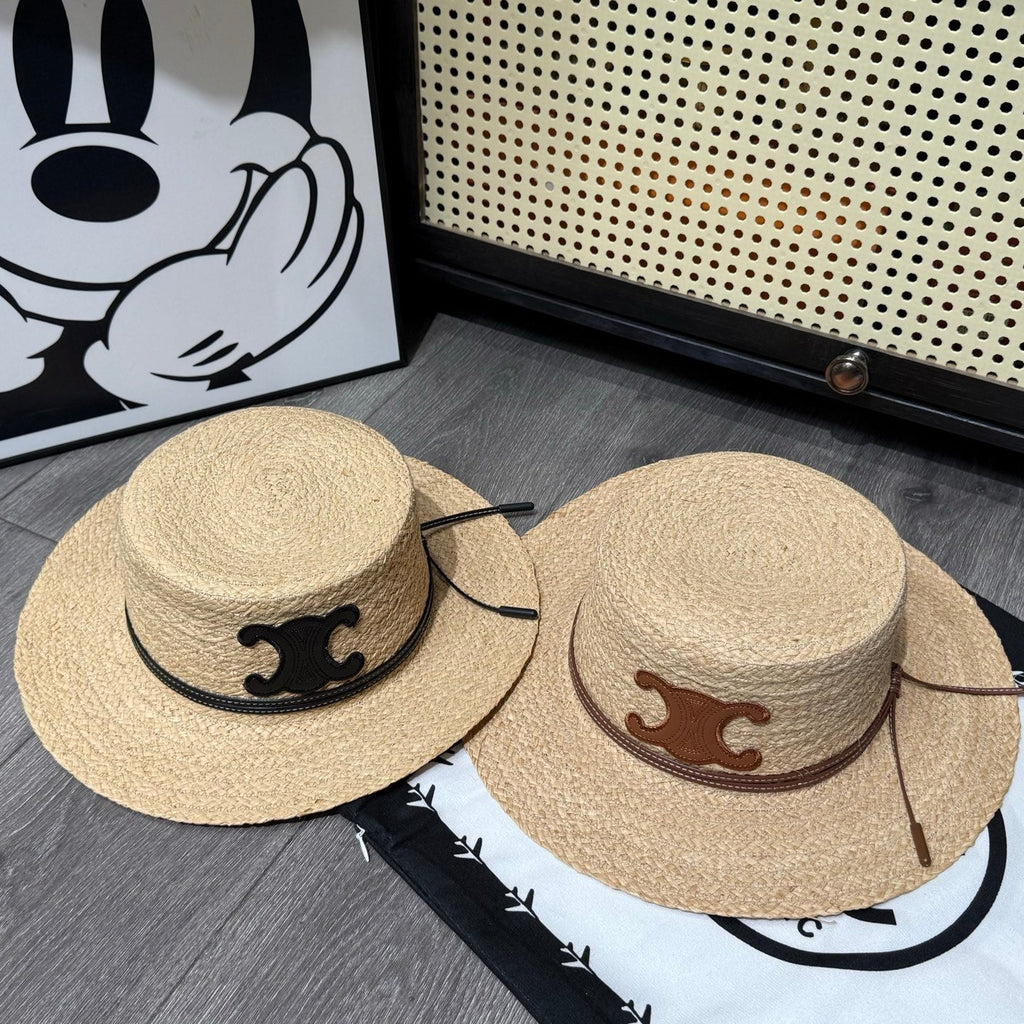 Ezyycart Bags CL FLAT CROWN RAFFIA HAT EMBLEM IN BLACK