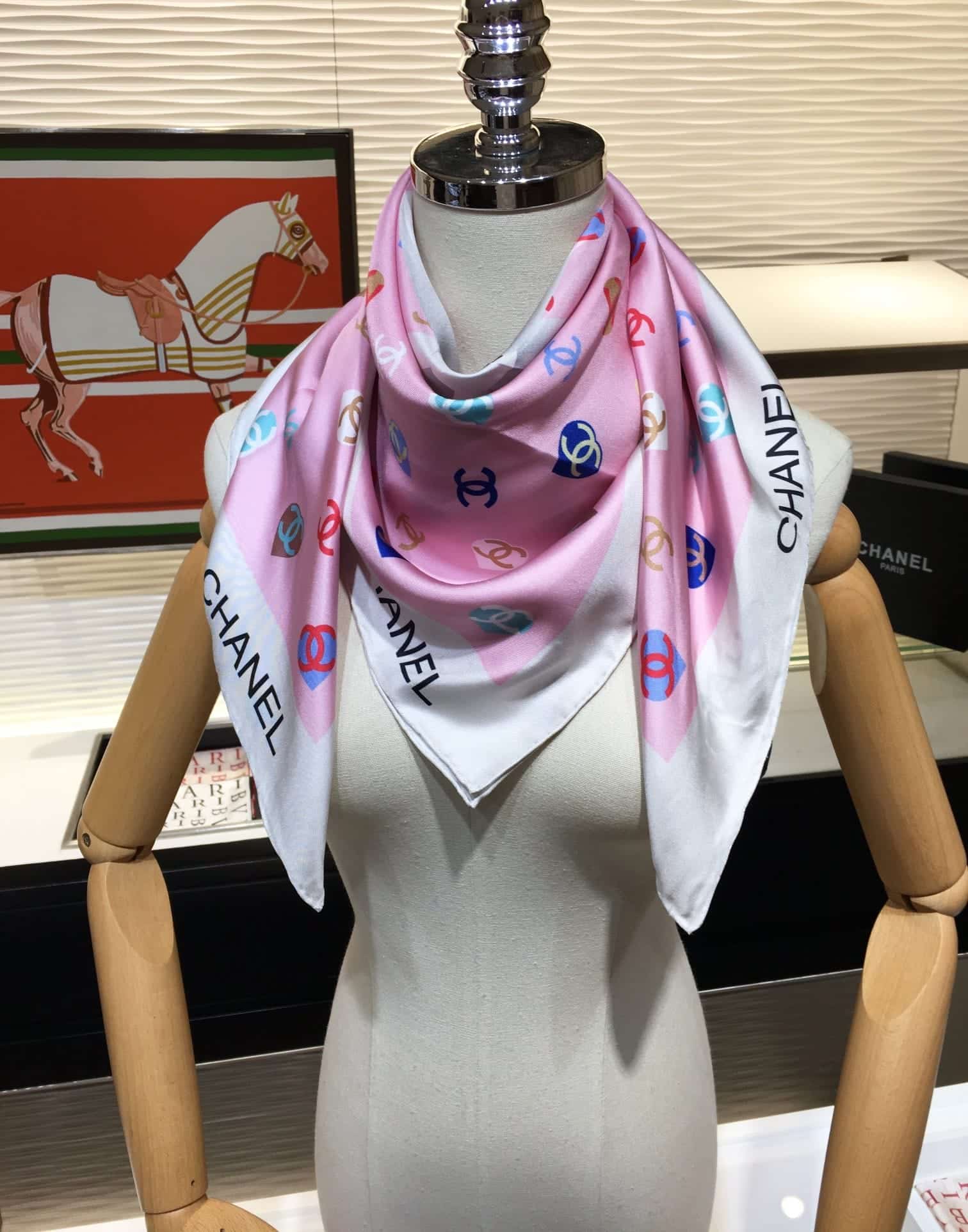 Anum Bags CHL CC HEARTS LETTER MONOGRAM LOGO BOW PRINT SCARF PINK