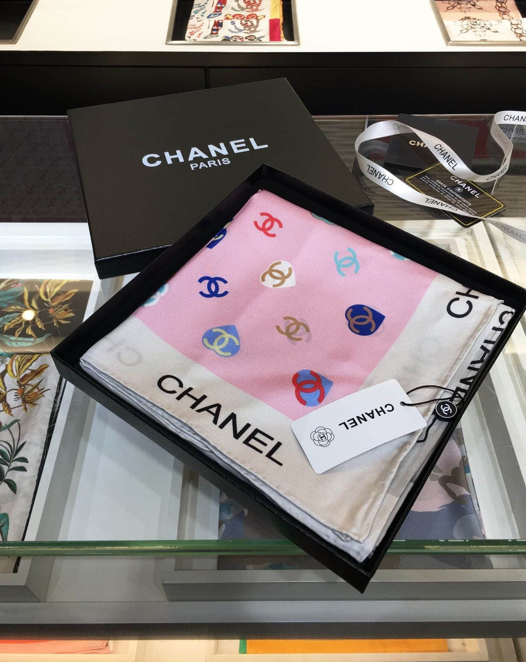 Anum Bags CHL CC HEARTS LETTER MONOGRAM LOGO BOW PRINT SCARF PINK