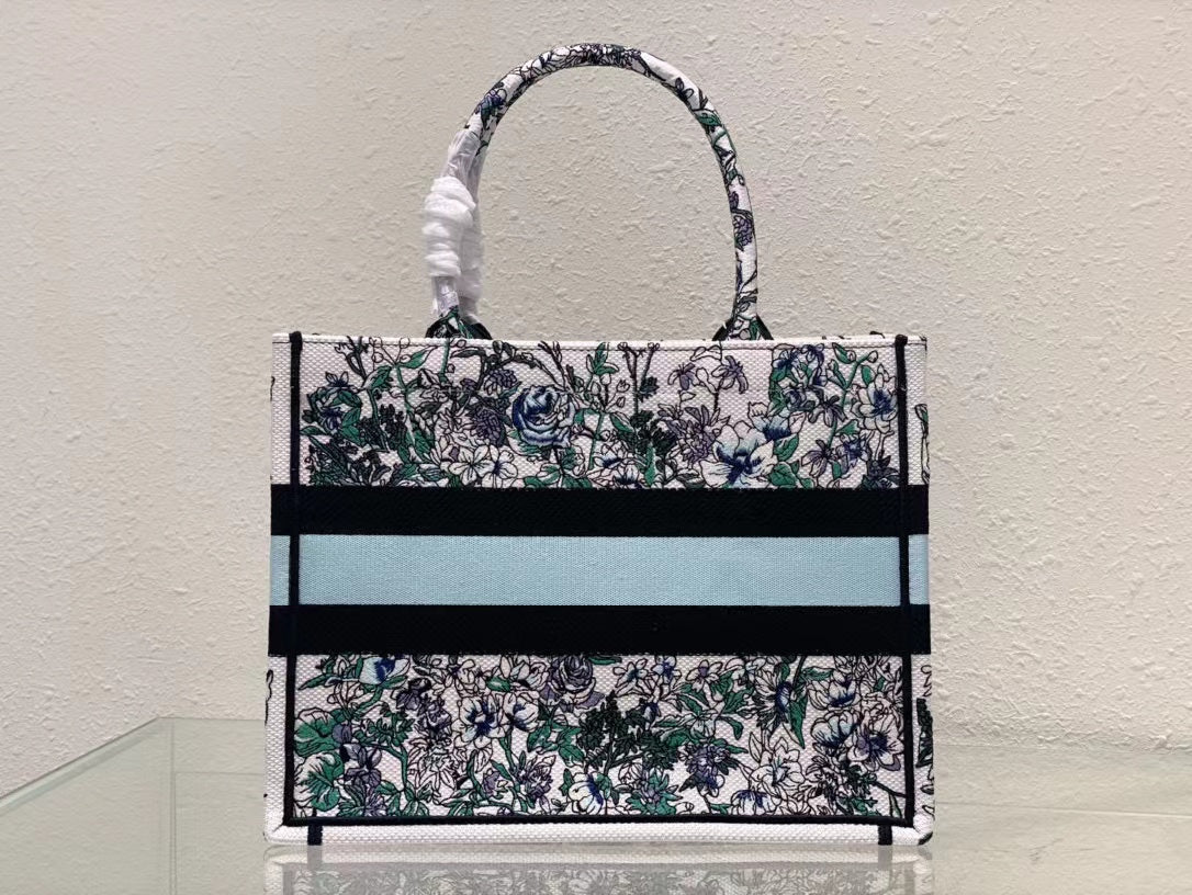 Ezyycart Bags DIR1286 Book Tote bag size 36.5cm 41.5cm Embroidery LOGO Handbag green blue flower