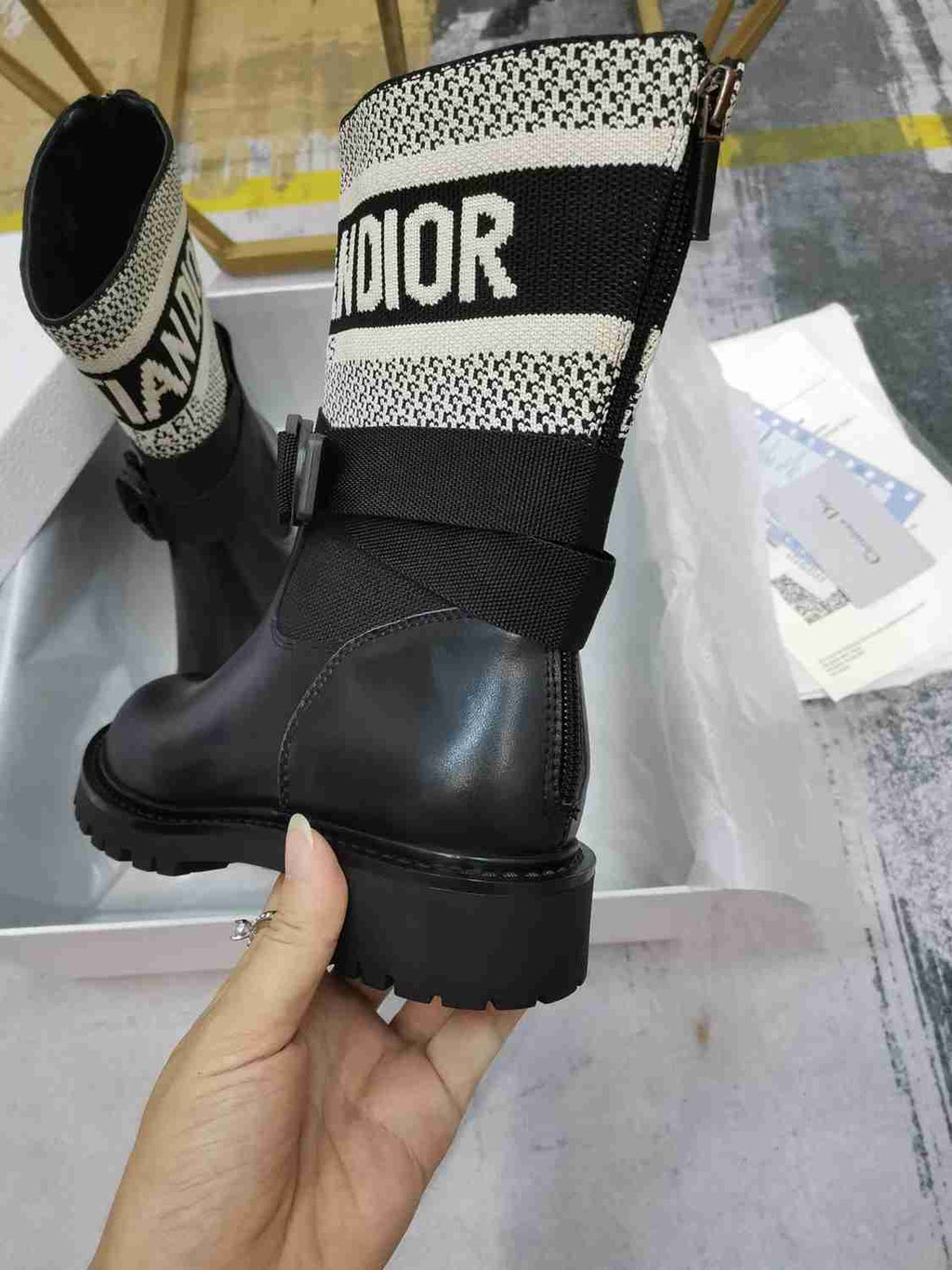 Ezyycart Bags DD D MAJOR ANKLE BOOT FABRIC AND CALFSKIN WHITE AND BLACK