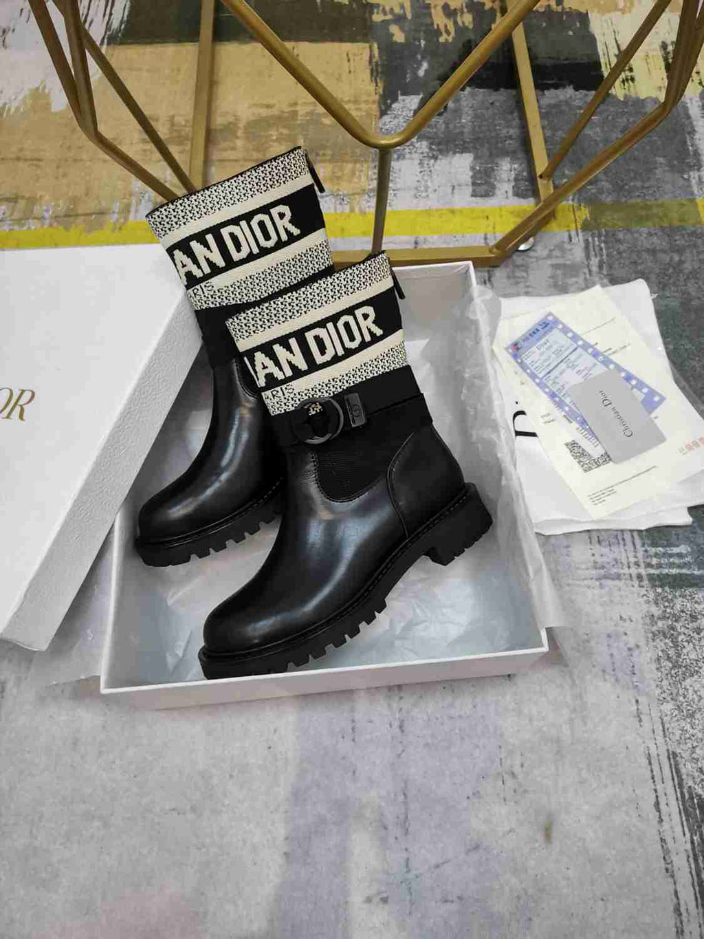 Ezyycart Bags DD D MAJOR ANKLE BOOT FABRIC AND CALFSKIN WHITE AND BLACK