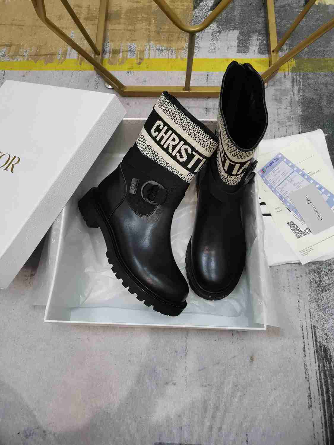 Ezyycart Bags DD D MAJOR ANKLE BOOT FABRIC AND CALFSKIN WHITE AND BLACK