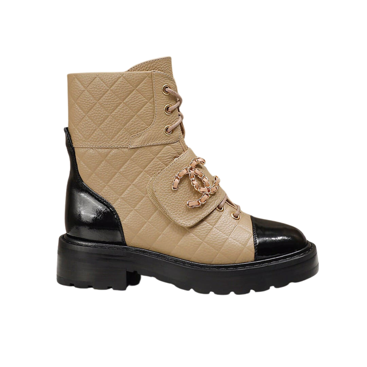 Anum Bags CHANEL LACE UP BOOTS BEIGE BLACK G39516 Y56261 K5119
