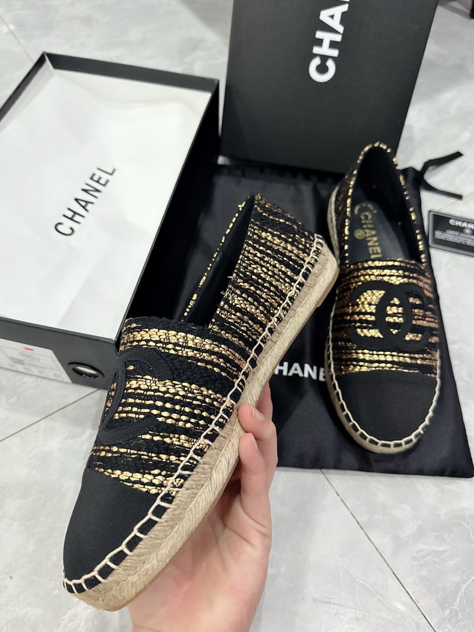 Anum Bags CHL GOLD BLACK METALLIC TWEED GROSGRAIN CC ESPADRILLES SLIP ON