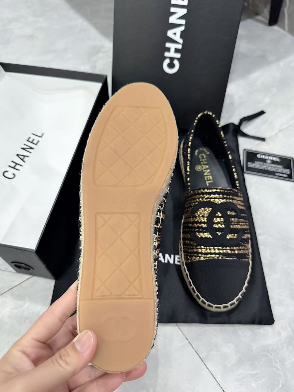 Anum Bags CHL GOLD BLACK METALLIC TWEED GROSGRAIN CC ESPADRILLES SLIP ON