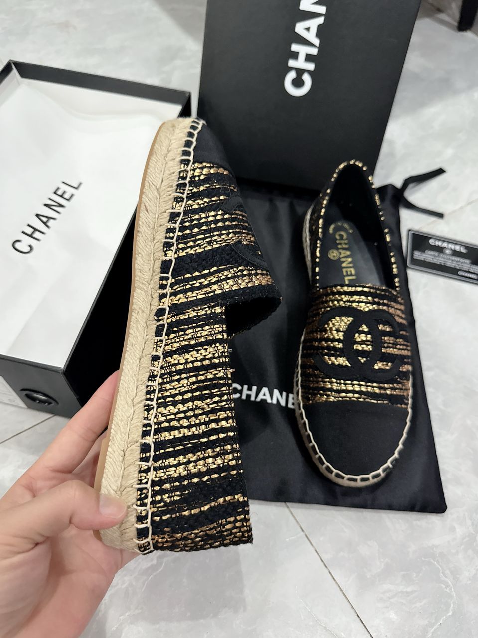 Anum Bags CHL GOLD BLACK METALLIC TWEED GROSGRAIN CC ESPADRILLES SLIP ON