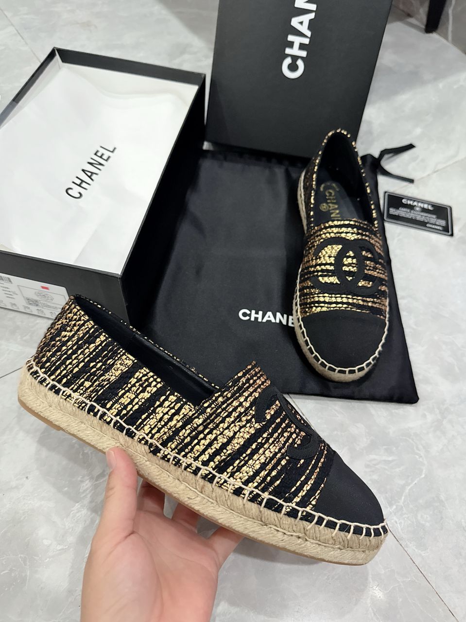 Anum Bags CHL GOLD BLACK METALLIC TWEED GROSGRAIN CC ESPADRILLES SLIP ON