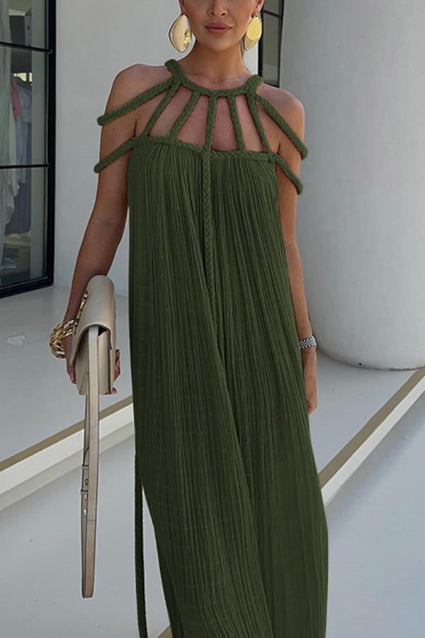 Modernes und elegantes Maxikleid mit drapierten Zopfdetails aus Leinenmischung