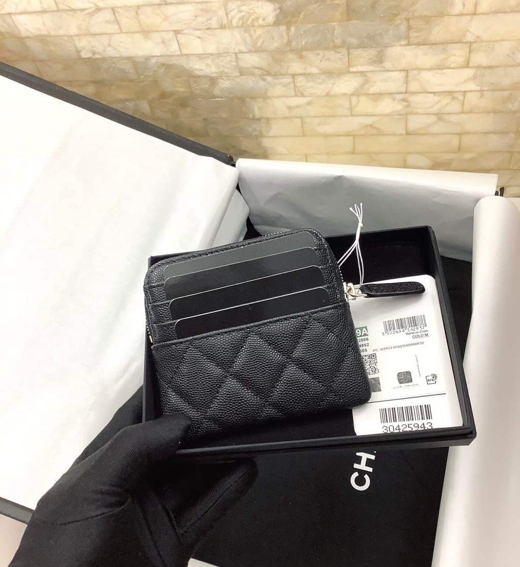 Anum Bags CHL CAVIAR QUILTED ZIP CARD HOLDER BLACK WALLET