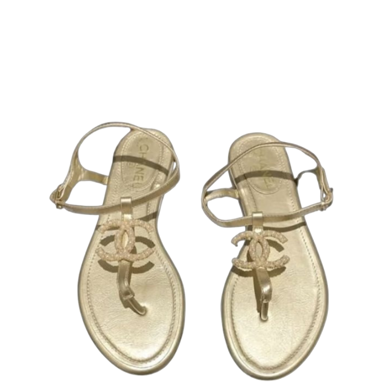 Anum Bags CHL GOLD PEARL CC LOGO GOLDEN THONG SANDALS