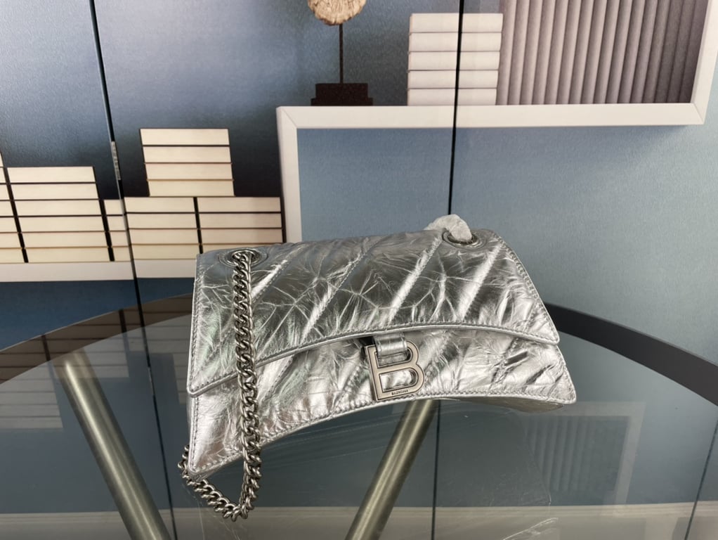 Ezyycart Bags BALENCIAGA CRUSH SMALL CHAIN BAG METALLIZED QUILTED IN SILVER 25CM