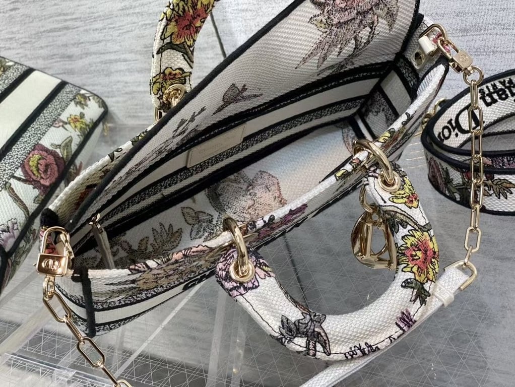 Ezyycart Bags DIR LARGE LADY D-LITE BAG WHITE JARDIN BOTANIQUE EMBROIDERY 26CM