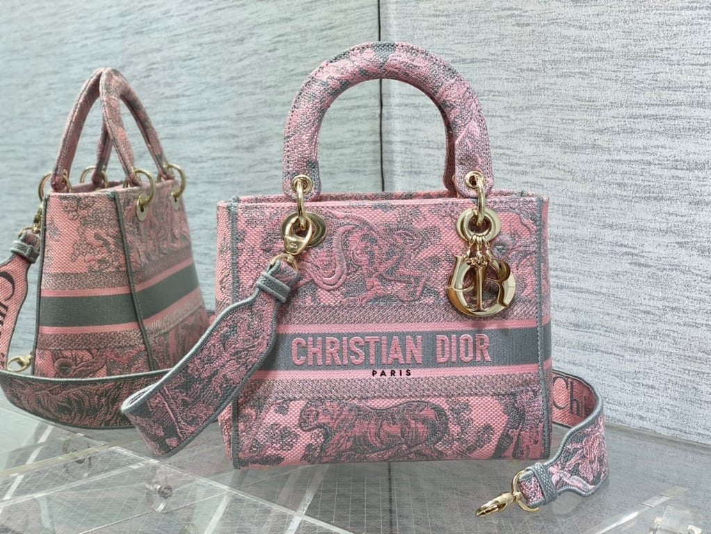 Ezyycart Bags DIR MEDIUM LADY D-LITE BAG PINK AND GRAY TOILE DE JOUY SAUVAGE EMBROIDERY 24CM