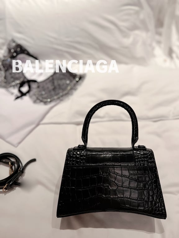 Ezyycart Bags BALENCIAGA WOMEN'S HOURGLASS XS HANDBAG CROCODILE EMBOSSED IN BLACK 24CM