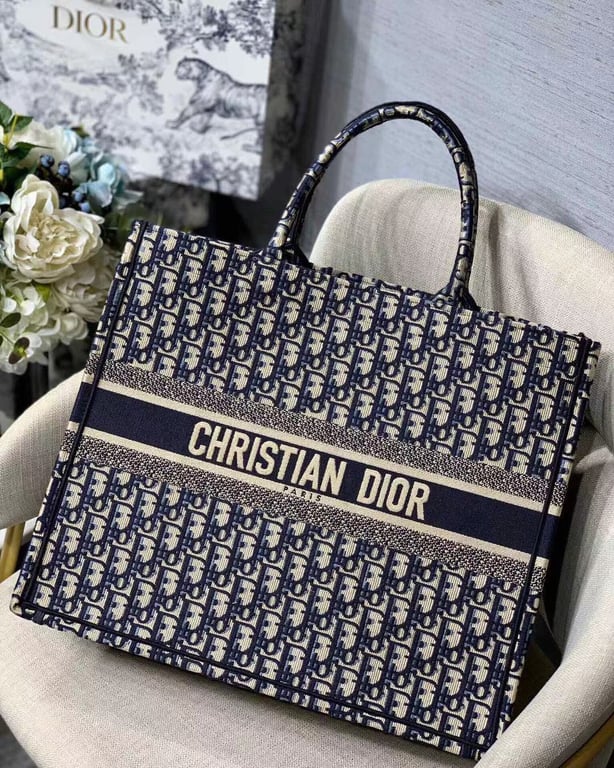 Ezyycart Bags DIR 42CM BLUE OBLIQUE EMBROIDERY LARGE BOOK TOTE