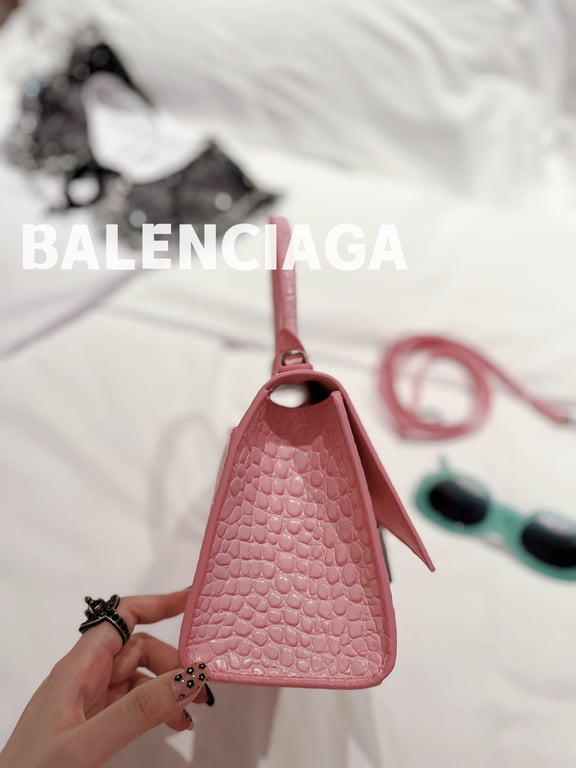 Ezyycart Bags BALENCIAGA WOMEN'S HOURGLASS XS HANDBAG CROCODILE EMBOSSED IN PINK 24CM
