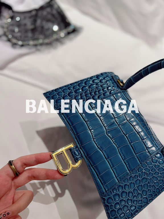 Ezyycart Bags BALENCIAGA WOMEN'S HOURGLASS XS HANDBAG CROCODILE EMBOSSED IN FOREST BLUE 24CM
