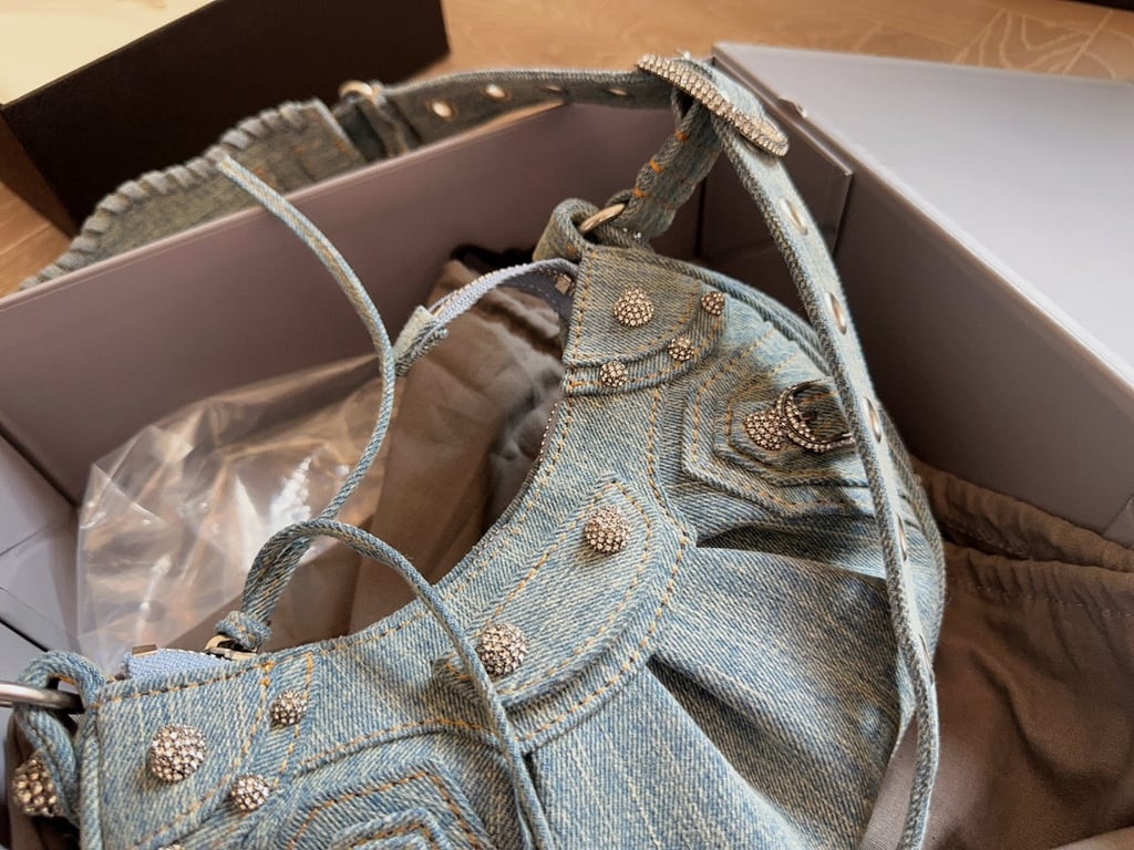 Ezyycart Bags BALENCIAGA LE CAGOLE XS SHOULDER BAG DENIM WITH RHINESTONES IN LIGHT BLUE 25CM 6713092AABV4651