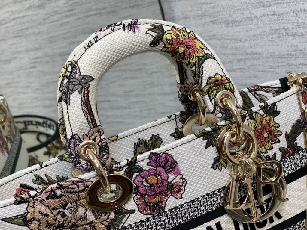 Ezyycart Bags DIR LARGE LADY D-LITE BAG WHITE JARDIN BOTANIQUE EMBROIDERY 26CM