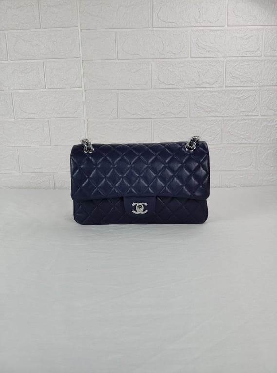 Anum Bags CHL CLASSIC MEDIUM LAMBSKIN FLAP NAVY AND SILVER 25CM